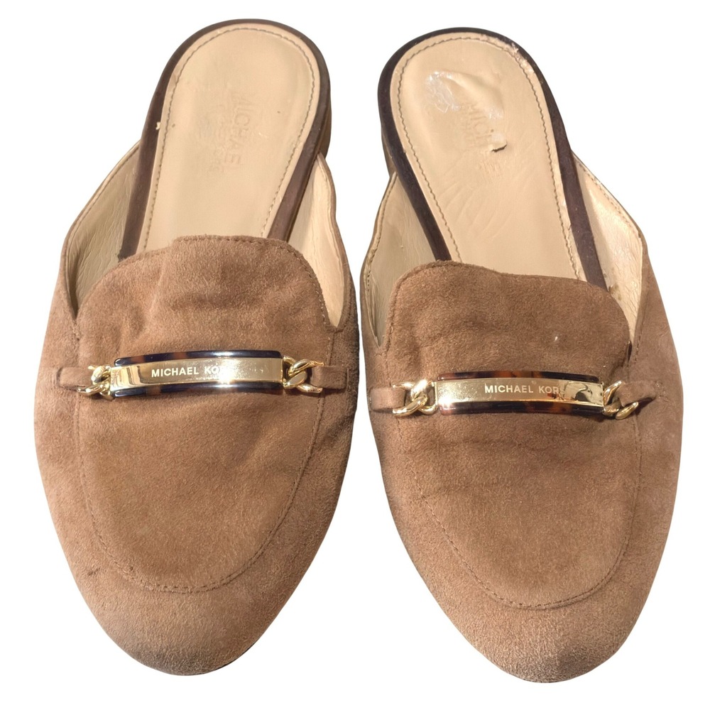 Michael Kors Mules Loafers Womens 7M Tan Suede Gold Tortoise Slide Minimalist